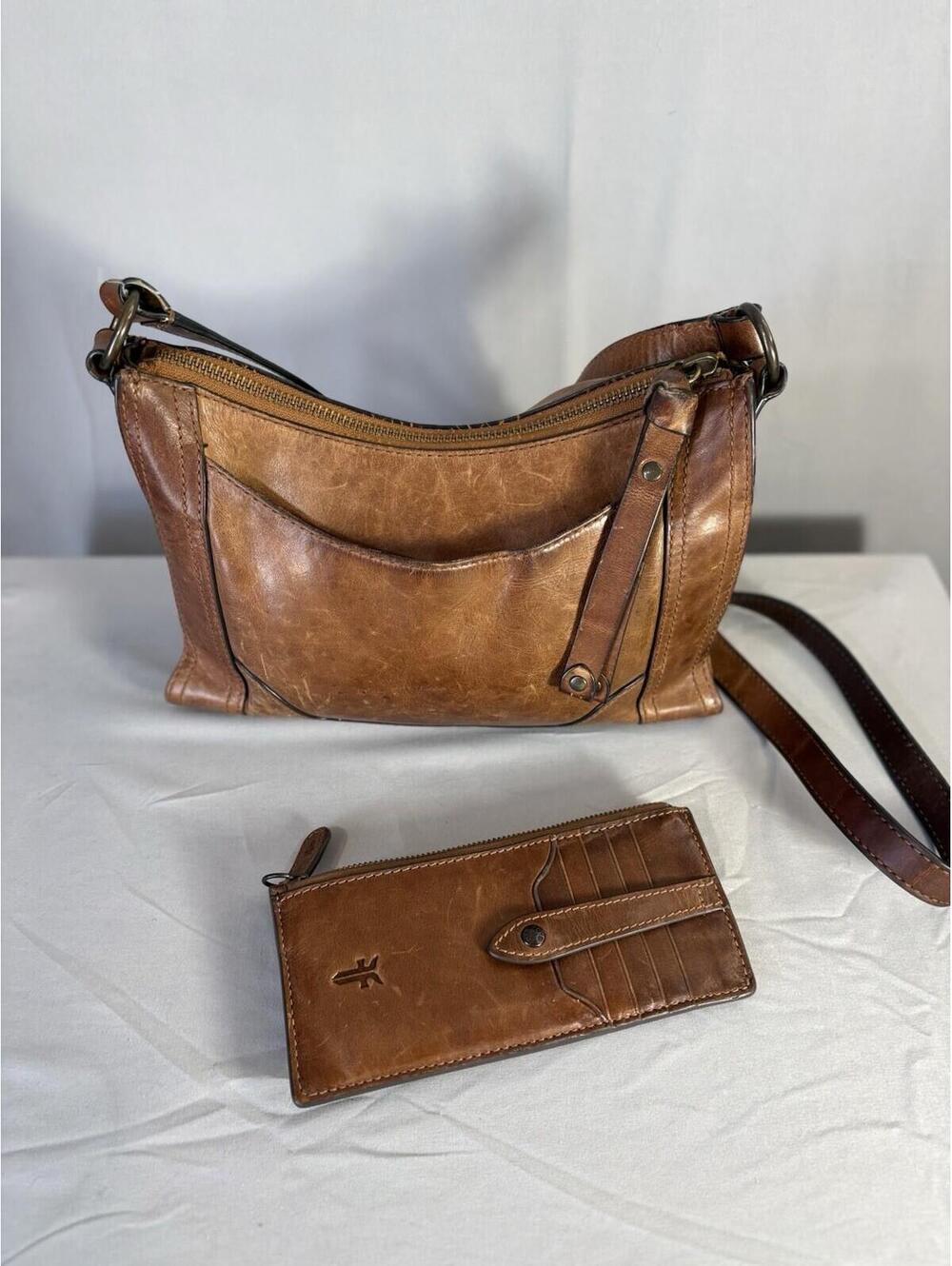 Frye Melissa Zip Leather Crossbody Bag Wallet Set Cognac Brown Burnished